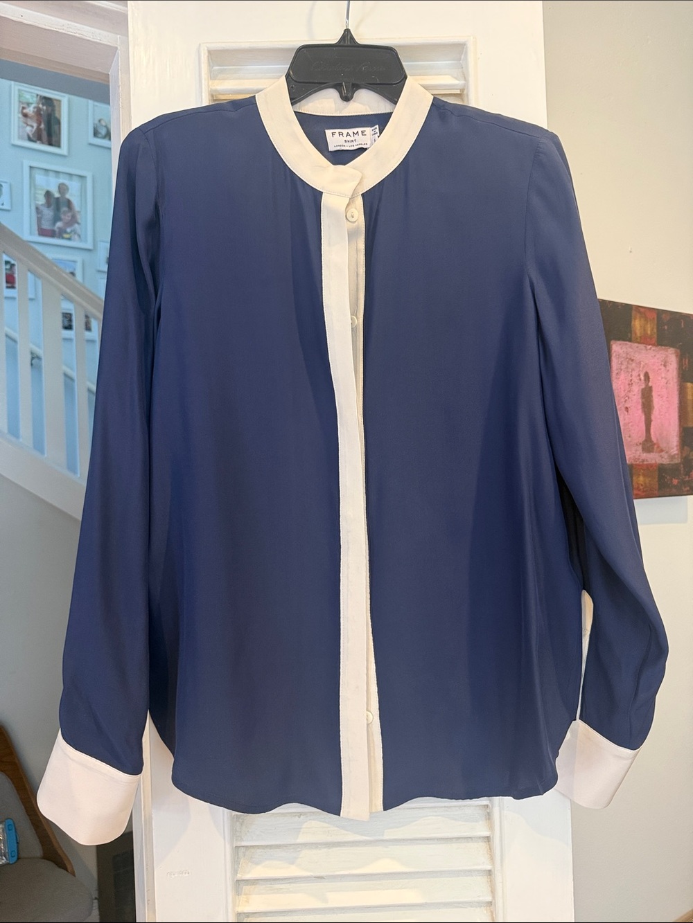 Frame Navy Blouse with Cream Trim